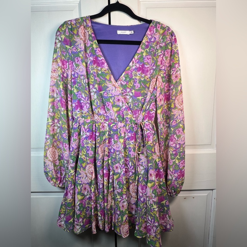 LUSH Floral Long Sleeve Faux Wrap Minidress Lined Size Medium - Picture 3 of 9